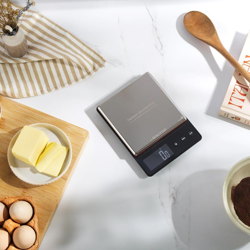 Salter Blumenthal Precision by 1140A HBBKDR Digital Kitchen Scales - Premium Compact Baking/Cooking Scale, For Weighing Food/Coffee and Liquid, 0.5 g Increments, Slim, Stainless Steel/Black - Image 2