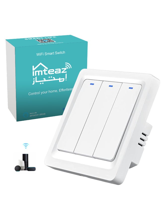 Imteaz WiFi Smart Wall Switch, No Neutral Wire Required, No Hub Required, Compatible with Google Home & Alexa, Touch & App Remote Control, Timing Function & Voice Control (Gang 3, White) - Image 1
