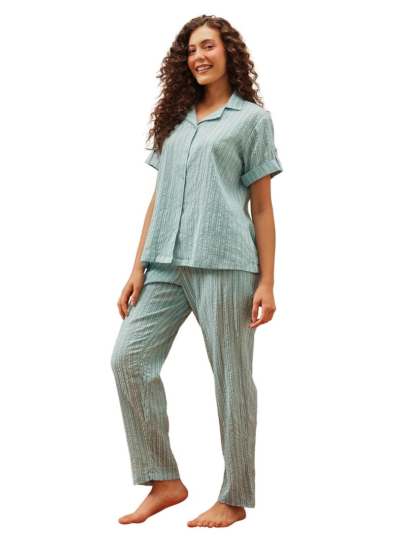 Clovia Women Rayon Blend Sassy Stripes Button Me Up Shirt & Pyjama Set (LS0385F11_Green_L) - Image 1