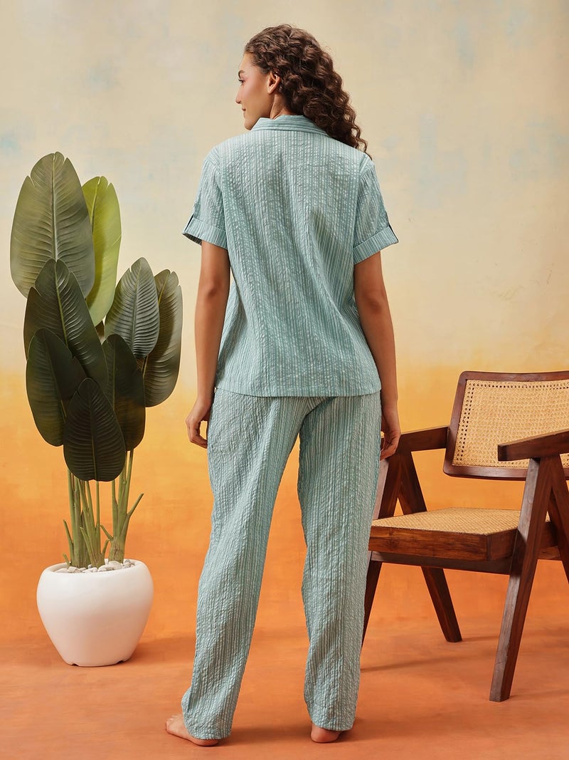 Clovia Women Rayon Blend Sassy Stripes Button Me Up Shirt & Pyjama Set (LS0385F11_Green_L) - Image 2