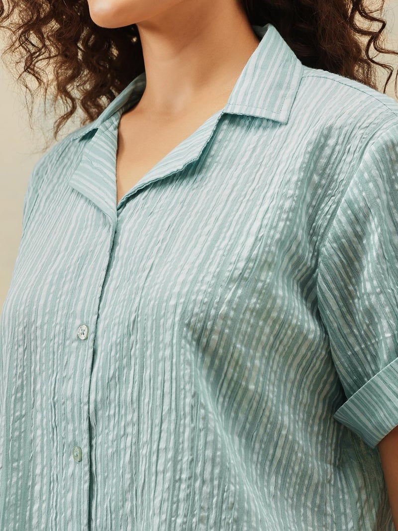 Clovia Women Rayon Blend Sassy Stripes Button Me Up Shirt & Pyjama Set (LS0385F11_Green_L) - Image 4