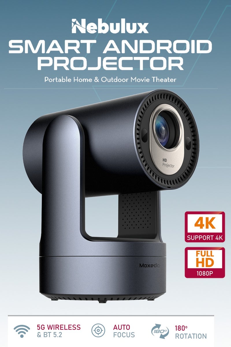Moxedo Nebulux Smart Android Projector 4K Android OS 9.0 1080P with Auto Keystone 260 Ansi Lumen Brightness, Auto Keystone Correction with Built-in 5W Speaker, 5G WiFi, Bluetooth 5.2 - Image 2