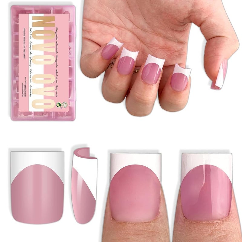 NOVO OVO Short Sharp Square White French Tip Nail Tips Press on BERRY PINK, Need Builder Gel Top Coat Nail Glue,Soft Gel Fake Nail Extension, Full Cover False Nails for Salon DIY x15 Sizes 240 pcs - Image 1