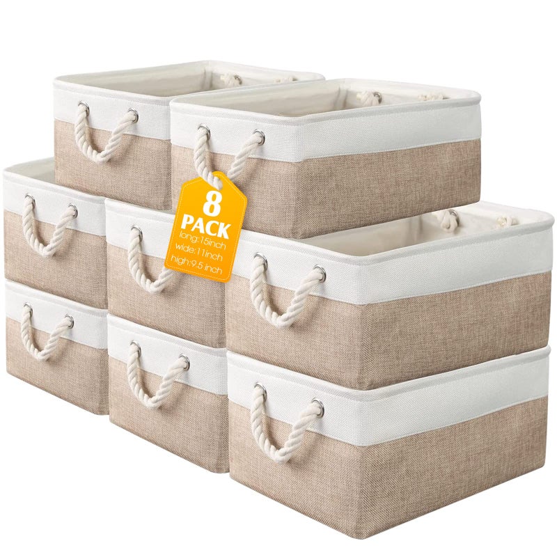 meekoo 8 Pack Collapsible Storage Bins Fabric Storage Bins Polyester Fabric Baskets with Handles Linen Closet Organizer for Shelf Home Closet Towels Toys15 x 11 x 95 inBeige