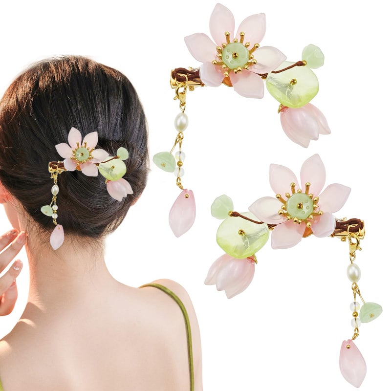 Capiant 1 Pair Pink Handmade Lotus Hair Clips, Vintage Flower Tassel Clip, Hanfu Decorative Chinese Hair Accessories for Women Bride Bridesmaids - Image 1