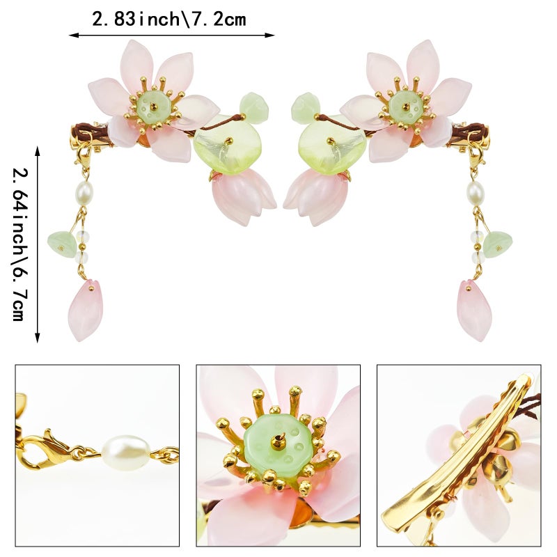 Capiant 1 Pair Pink Handmade Lotus Hair Clips, Vintage Flower Tassel Clip, Hanfu Decorative Chinese Hair Accessories for Women Bride Bridesmaids - Image 2