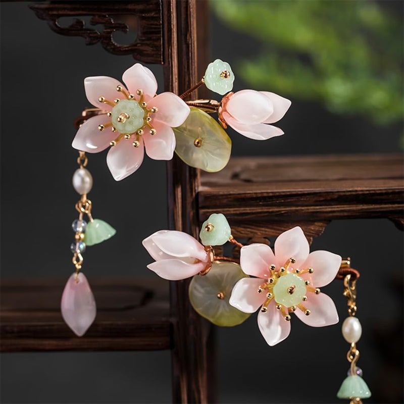 Capiant 1 Pair Pink Handmade Lotus Hair Clips, Vintage Flower Tassel Clip, Hanfu Decorative Chinese Hair Accessories for Women Bride Bridesmaids - Image 3