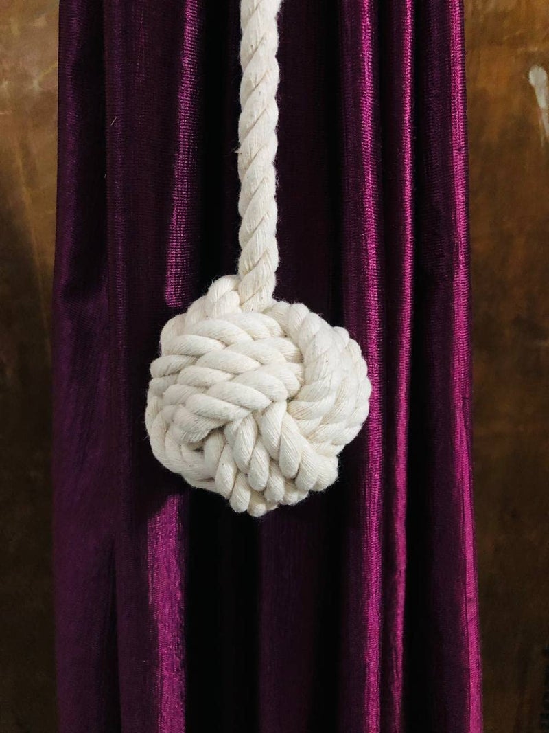 ESSELKAY Curtain Tiebacks Hand Knitting Curtain Rope Hanging Holdback Curtain Clips Woven Cotton Thread Rope Ties with Double Knot Ball Beige 1 Pair  - Image 3