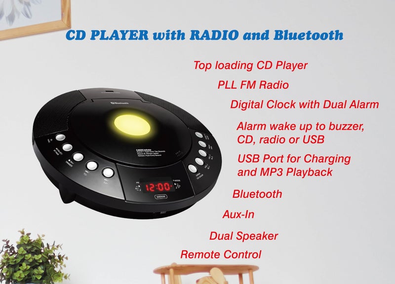 HANNLOMAX HX-330CD CD Player, FM Radio, Bluetooth, Alarm Clock, Red LED Display, USB Port for Charging and MP3 Playback, Aux-in, Remote Control Included, AC Operation only. (Black) - Image 2