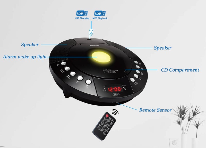 HANNLOMAX HX-330CD CD Player, FM Radio, Bluetooth, Alarm Clock, Red LED Display, USB Port for Charging and MP3 Playback, Aux-in, Remote Control Included, AC Operation only. (Black) - Image 5