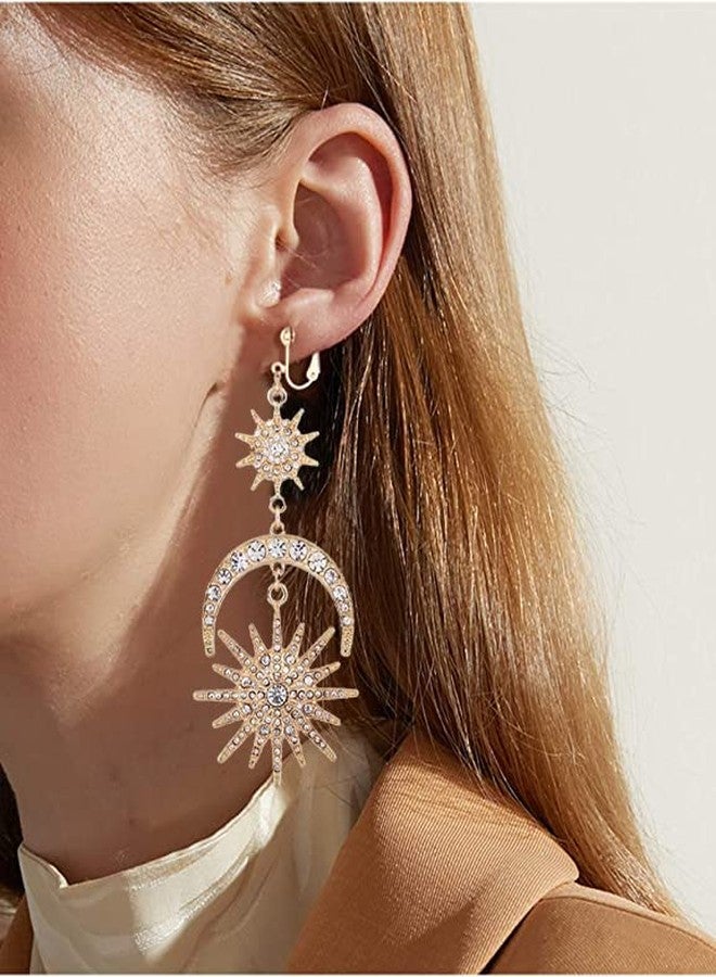 RUIZHEN Exaggerated Luxury Sun Moon Stars Clip on Earrings No Pierced Rhinestone Punk Golden Earrings for Women (Gold) - Image 5