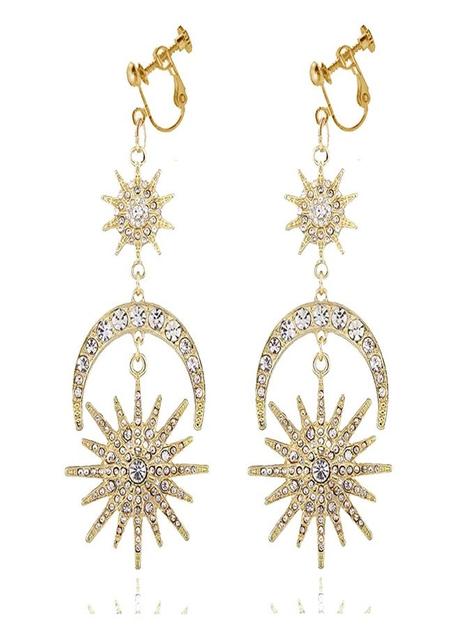 RUIZHEN Exaggerated Luxury Sun Moon Stars Clip on Earrings No Pierced Rhinestone Punk Golden Earrings for Women (Gold) - Image 1