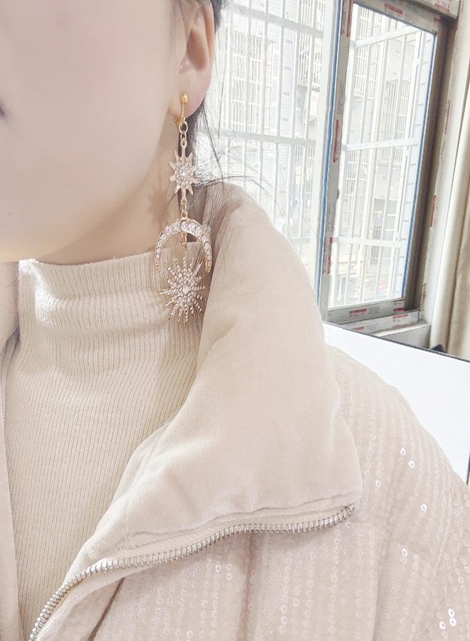 RUIZHEN Exaggerated Luxury Sun Moon Stars Clip on Earrings No Pierced Rhinestone Punk Golden Earrings for Women (Gold) - Image 3