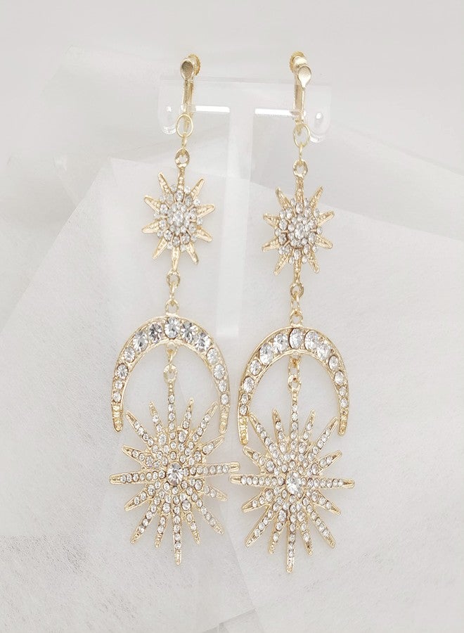 RUIZHEN Exaggerated Luxury Sun Moon Stars Clip on Earrings No Pierced Rhinestone Punk Golden Earrings for Women (Gold) - Image 2