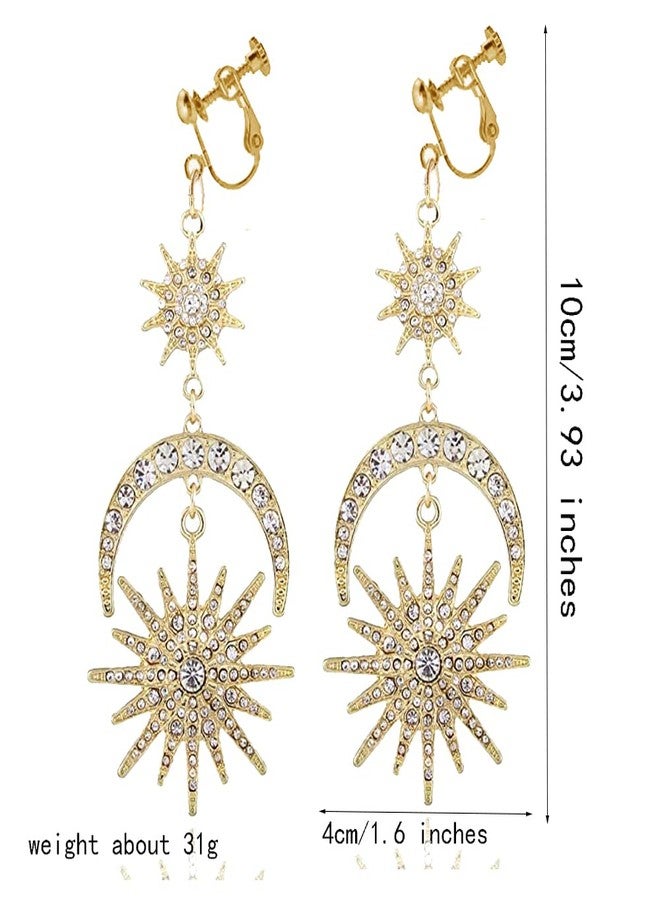 RUIZHEN Exaggerated Luxury Sun Moon Stars Clip on Earrings No Pierced Rhinestone Punk Golden Earrings for Women (Gold) - Image 4