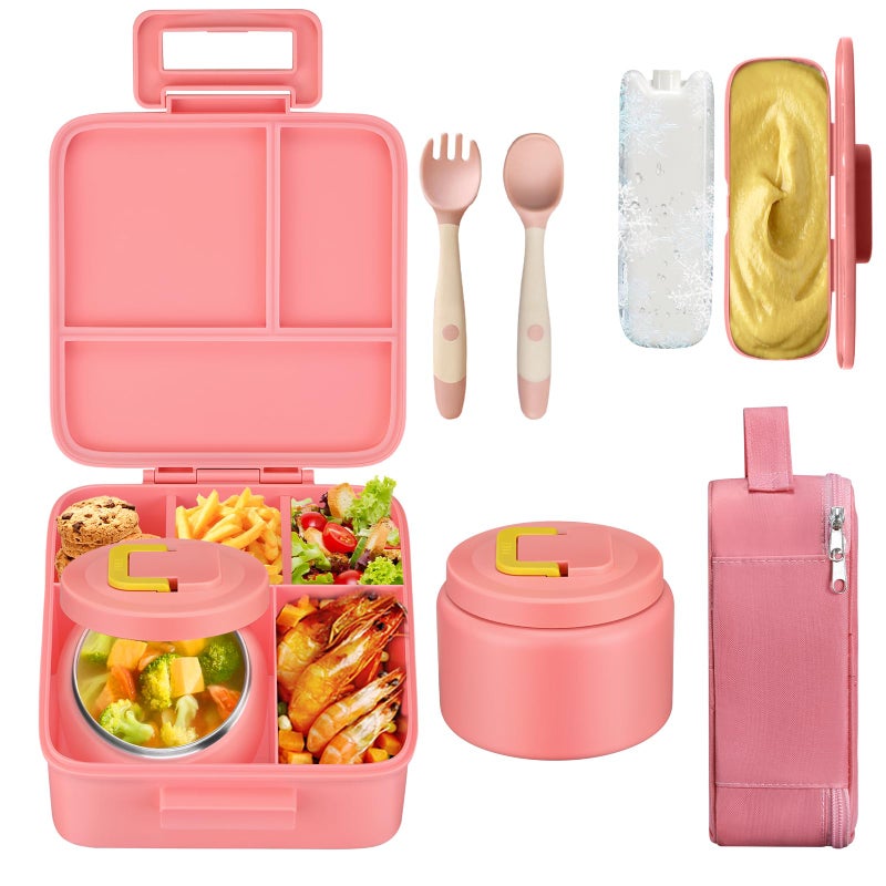 MAISON HUIS Kids Bento Lunch Box Set With 8oz Soup Thermo Leakproof Lunch Containers with 5 Compartment Thermo Hot Food Jar and Insulated Lunch Bag BPA FreeTravel School Pink Mermaid