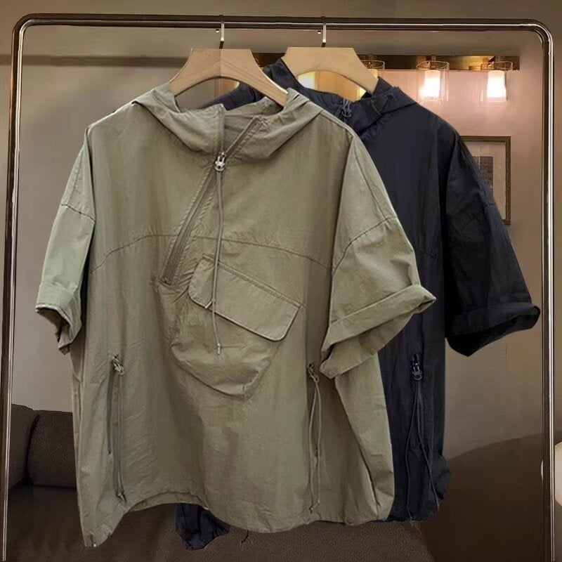 Zip Hooded Short Sleeve Tee Men Summer Trendy Khaki - Image 5