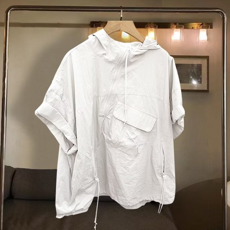 Zip Hooded Short Sleeve Tee Men Summer Trendy Khaki - Image 2