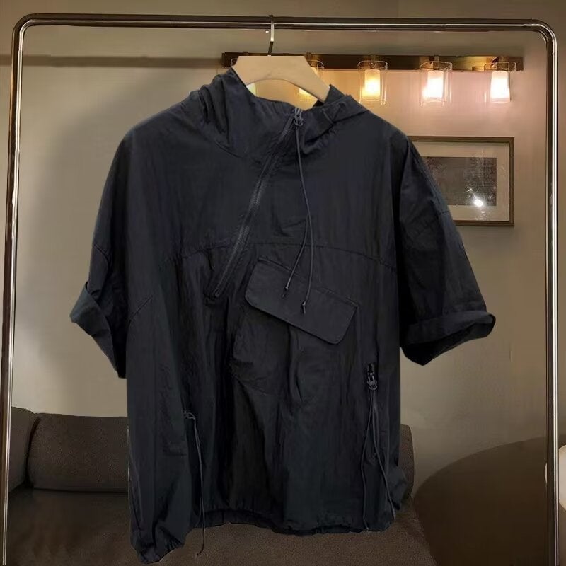 Zip Hooded Short Sleeve Tee Men Summer Trendy Khaki - Image 4