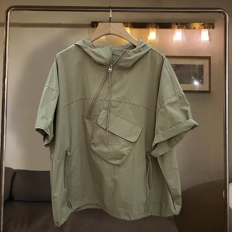 Zip Hooded Short Sleeve Tee Men Summer Trendy Khaki - Image 3