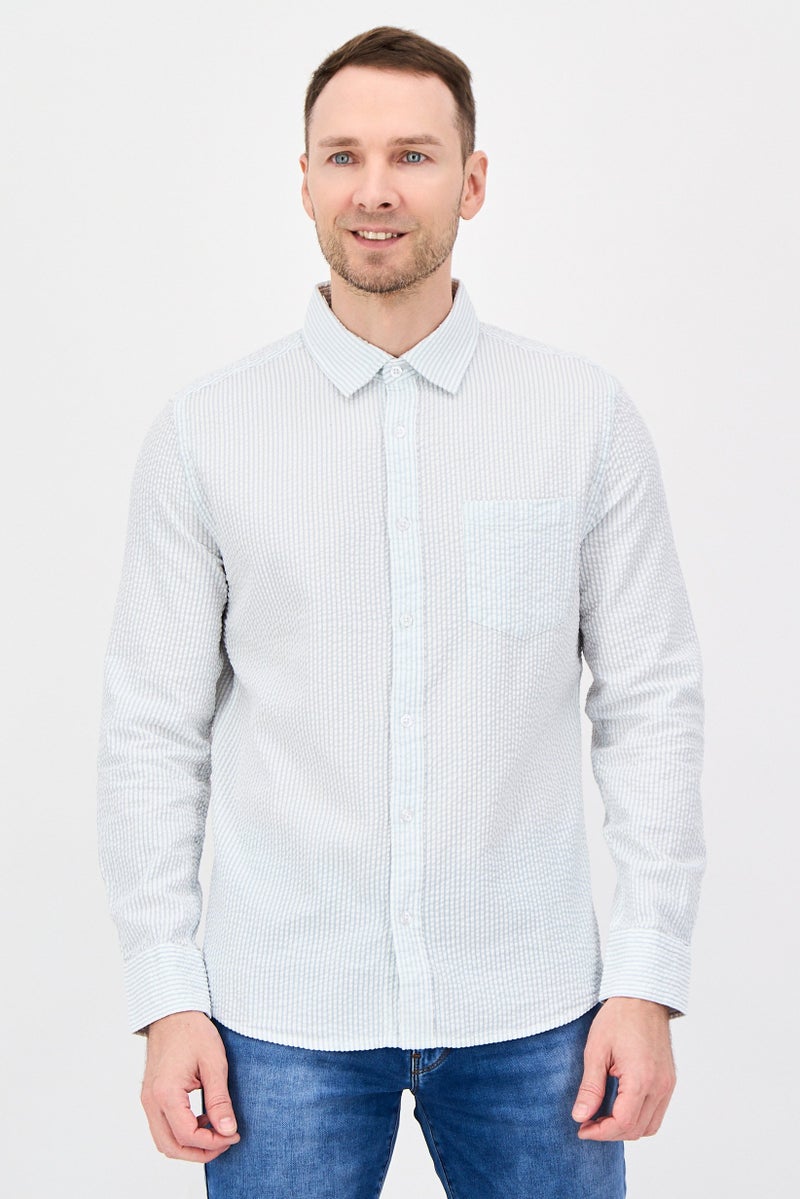 Aeropostale قميص رجالي بأكمام طويلة ومقاس مريح بخطوط، أزرق جليدي - Image 1