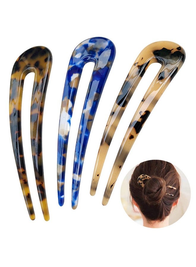 HYFEEL French Hair Forks Tortoise Shell U Shape Updo Hair Pins Clips For Thin Thick Hair 4.3 Inch Classic Cellulose Acetate 2 Prong Bun Hair Sticks Chignon Women Vintage Hairstyle Accessories 3 Pack - Image 1