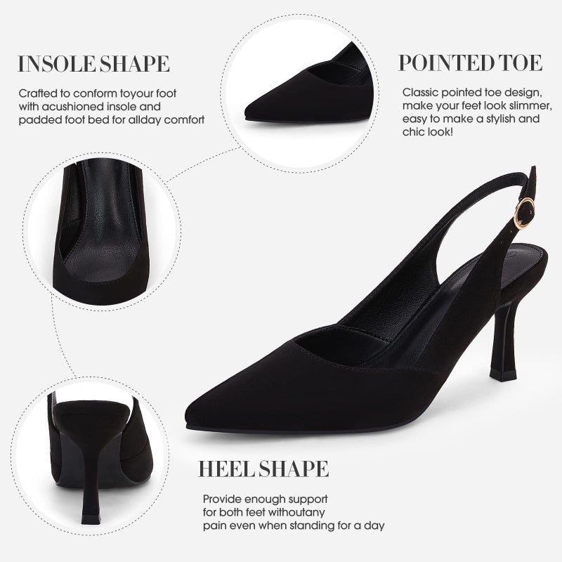 Rilista Womens Slingback Pumps Closed Pointed Toe Kitten Heel Sandals Wedding Evening Party Dress Shoes Black Suede - Image 5