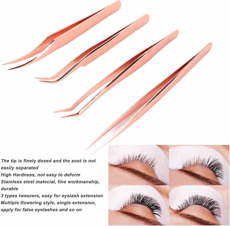 مجموعة ملاقيط تمديد الرموش بلون الذهب الوردي 4 قطع من الفولاذ المقاوم للصدأ مع صندوق تخزين - Image 3