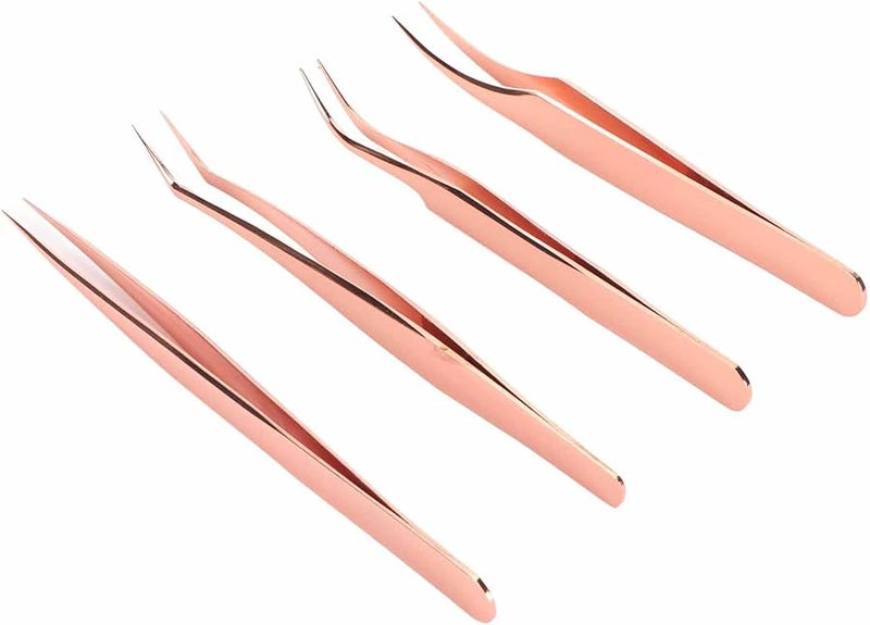 مجموعة ملاقيط تمديد الرموش بلون الذهب الوردي 4 قطع من الفولاذ المقاوم للصدأ مع صندوق تخزين - Image 1