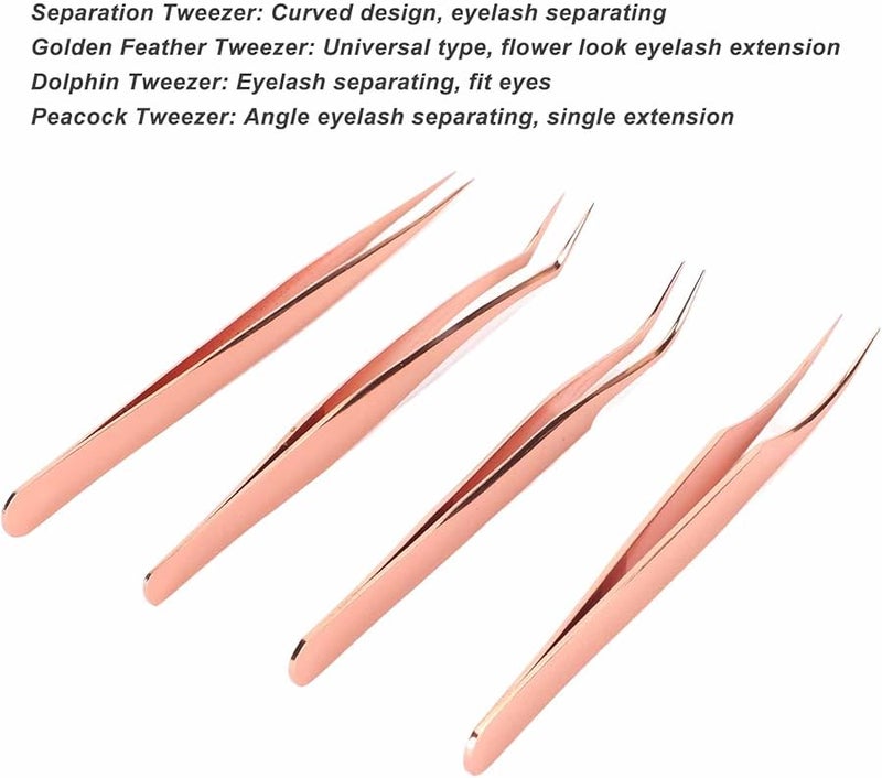 مجموعة ملاقيط تمديد الرموش بلون الذهب الوردي 4 قطع من الفولاذ المقاوم للصدأ مع صندوق تخزين - Image 5