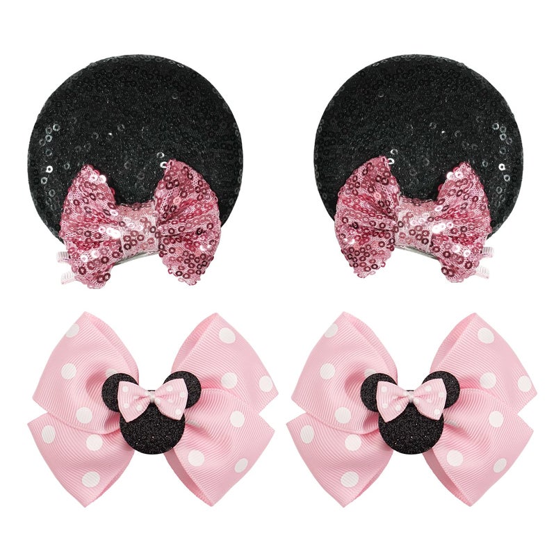 BBgifts 2 Pairs Pink Mouse Ears Hair Clips & Mouse Hair Bows Barrettes for baby Girls Accessories Birthday Party Decorations Gift - Image 1