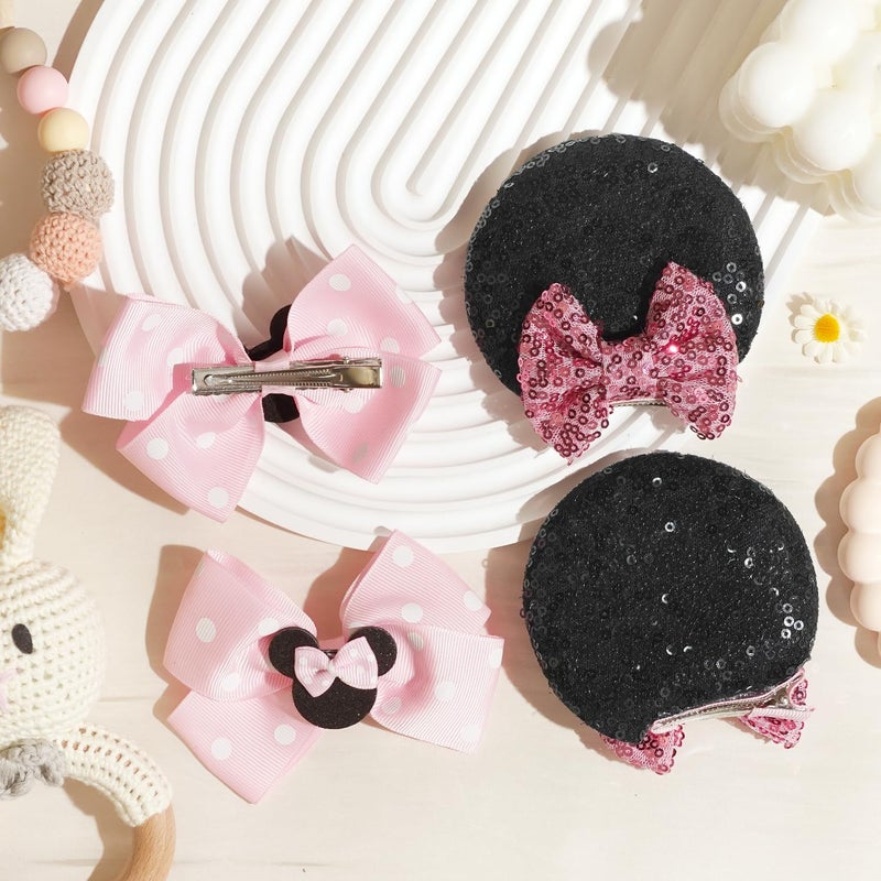 BBgifts 2 Pairs Pink Mouse Ears Hair Clips & Mouse Hair Bows Barrettes for baby Girls Accessories Birthday Party Decorations Gift - Image 5