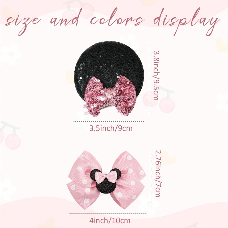BBgifts 2 Pairs Pink Mouse Ears Hair Clips & Mouse Hair Bows Barrettes for baby Girls Accessories Birthday Party Decorations Gift - Image 3