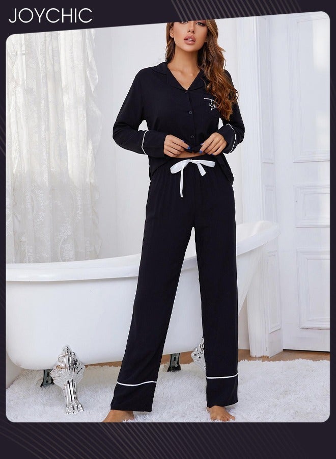 Joychic بيجامة نسائية مكونة من قطعتين كلاسيكية لفصلي الربيع والصيف والخريف مصنوعة من القطن مريحة وفضفاضة، قميص بأكمام طويلة، ملابس منزلية، ملابس استرخاء، باللون الأسود - Image 2