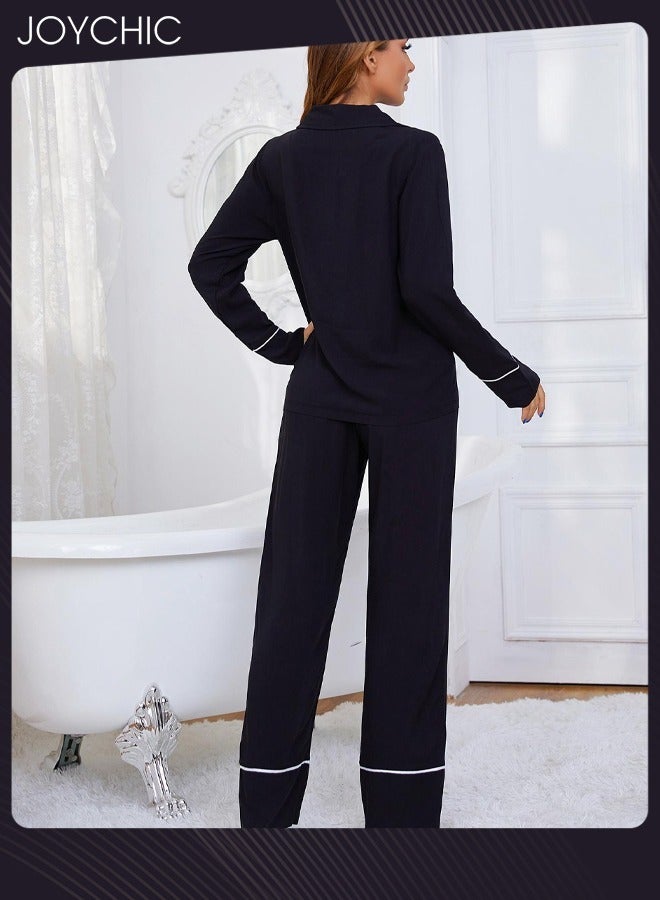 Joychic بيجامة نسائية مكونة من قطعتين كلاسيكية لفصلي الربيع والصيف والخريف مصنوعة من القطن مريحة وفضفاضة، قميص بأكمام طويلة، ملابس منزلية، ملابس استرخاء، باللون الأسود - Image 4