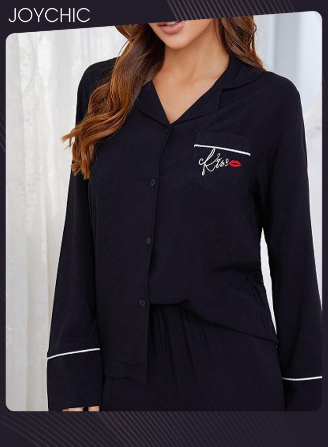 Joychic بيجامة نسائية مكونة من قطعتين كلاسيكية لفصلي الربيع والصيف والخريف مصنوعة من القطن مريحة وفضفاضة، قميص بأكمام طويلة، ملابس منزلية، ملابس استرخاء، باللون الأسود - Image 3