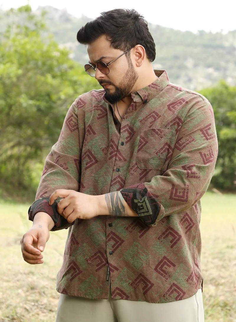 انستافاب بلس Instafab Men's Coffee Brown Cubic-Stamp Jacquard Shirt | Button Down Collar , Long Cuffed Sleeves , Button Closure | Geometric Jacquard | Cotton-Blend Shirt For Casual Wear