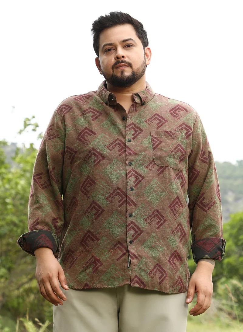 انستافاب بلس Instafab Men's Coffee Brown Cubic-Stamp Jacquard Shirt | Button Down Collar , Long Cuffed Sleeves , Button Closure | Geometric Jacquard | Cotton-Blend Shirt For Casual Wear