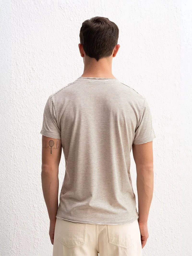 Giesto Beaver Brown GIESTO Striped Crew Neck T-Shirt with Embroidery for Men | Best Price UAE