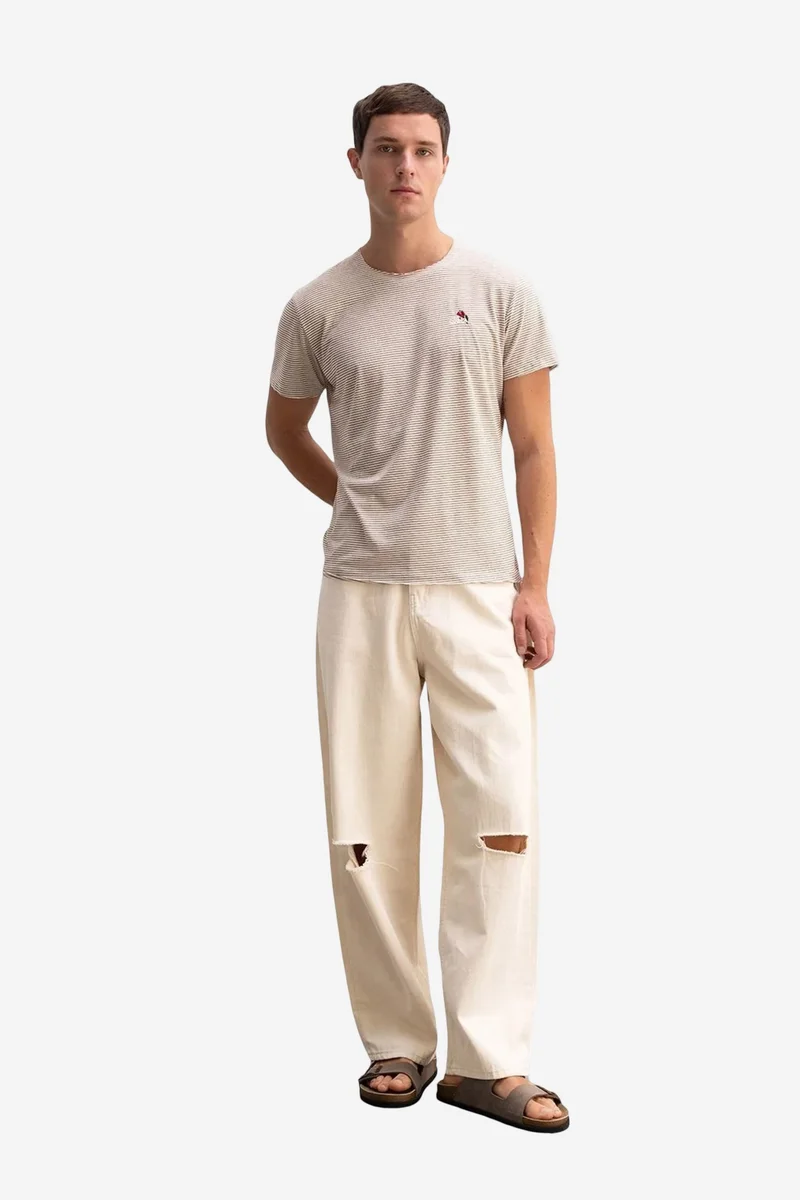 Giesto Beaver Brown GIESTO Striped Crew Neck T-Shirt with Embroidery for Men | Best Price UAE