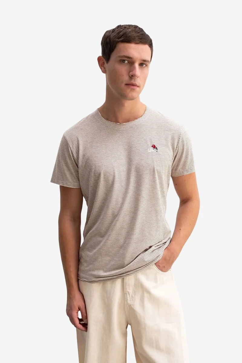 GIESTO Striped Crew Neck T-Shirt with Embroidery