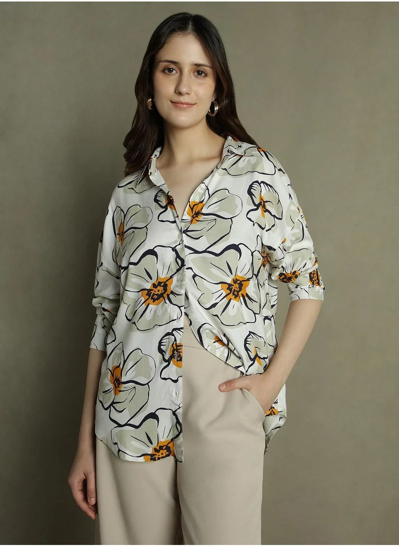 Dennis Lingo Women's White Rayon Printed Oversized Shirt