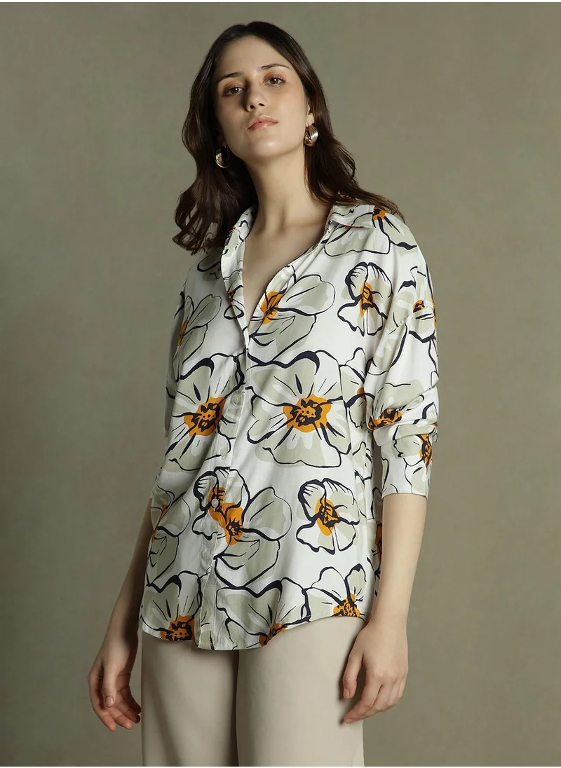 Dennis Lingo Women's White Rayon Printed Oversized Shirt