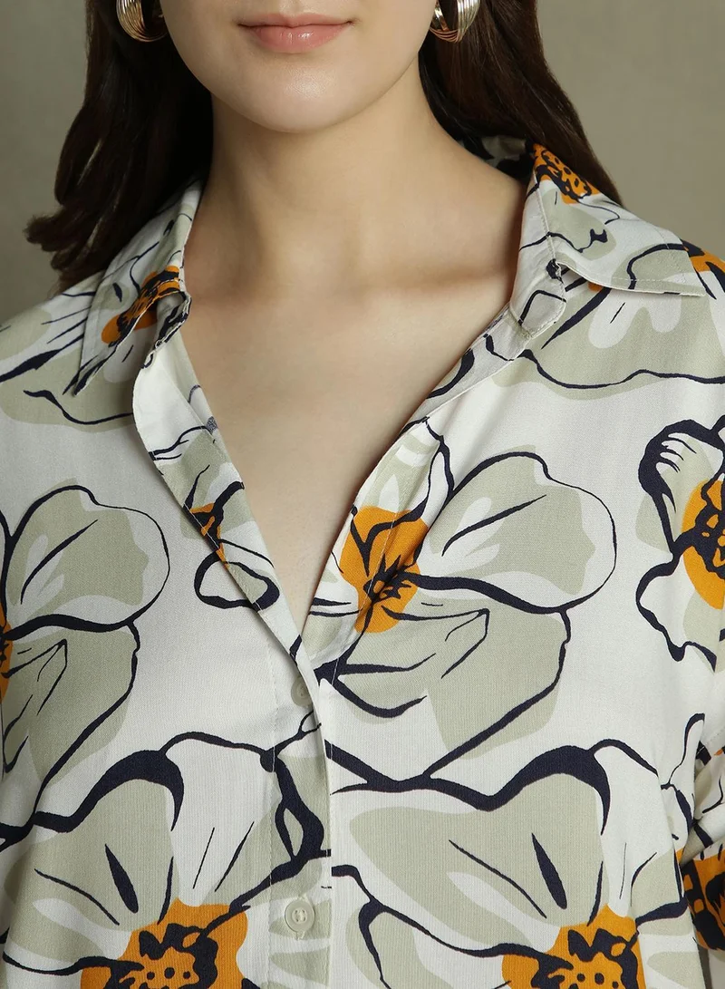 Dennis Lingo Women's White Rayon Printed Oversized Shirt