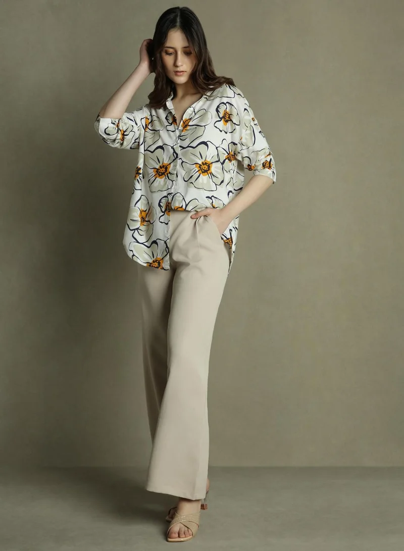 Dennis Lingo Women's White Rayon Printed Oversized Shirt