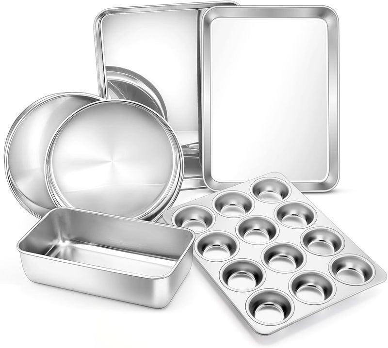 E-far 6-Piece Baking Pans set, Stainless Steel Bakeware Set for Oven, Include 8-Inch Cake Pan/Rectangle Baking Cookie Sheet/Muffin/Loaf Pan, Non-Toxic & Heavy Duty, Dishwasher Safe - Image 1