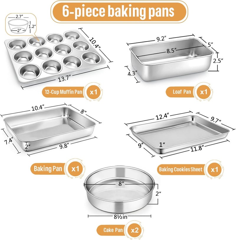 E-far 6-Piece Baking Pans set, Stainless Steel Bakeware Set for Oven, Include 8-Inch Cake Pan/Rectangle Baking Cookie Sheet/Muffin/Loaf Pan, Non-Toxic & Heavy Duty, Dishwasher Safe - Image 2