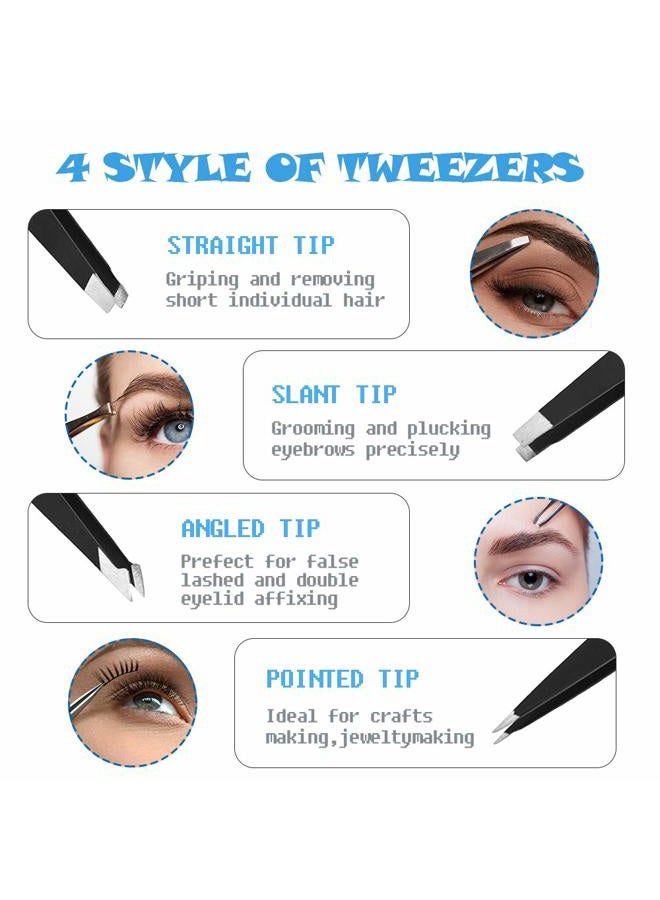 ABOLINE Tweezers Set, ABOLINE 4 Pack Precision Tweezers For Eyebrows,Professional Slant Tip Tweezer Set for Hair Remove with Travel Bag & Hair Clips(Black) - Image 2