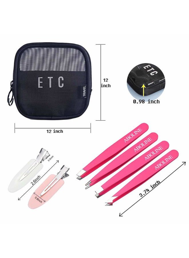 ABOLINE Tweezers Set, ABOLINE 4 Pack Precision Tweezers For Eyebrows,Professional Slant Tip Tweezer Set for Hair Remove with Travel Bag & Hair Clips(Black) - Image 4
