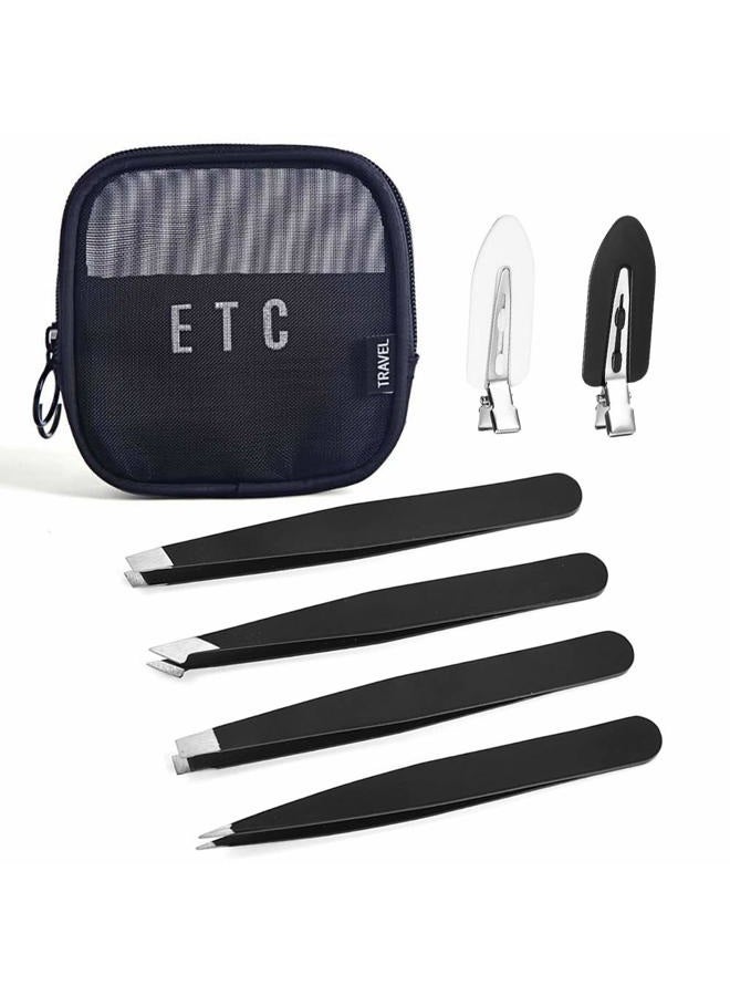 ABOLINE Tweezers Set, ABOLINE 4 Pack Precision Tweezers For Eyebrows,Professional Slant Tip Tweezer Set for Hair Remove with Travel Bag & Hair Clips(Black) - Image 1
